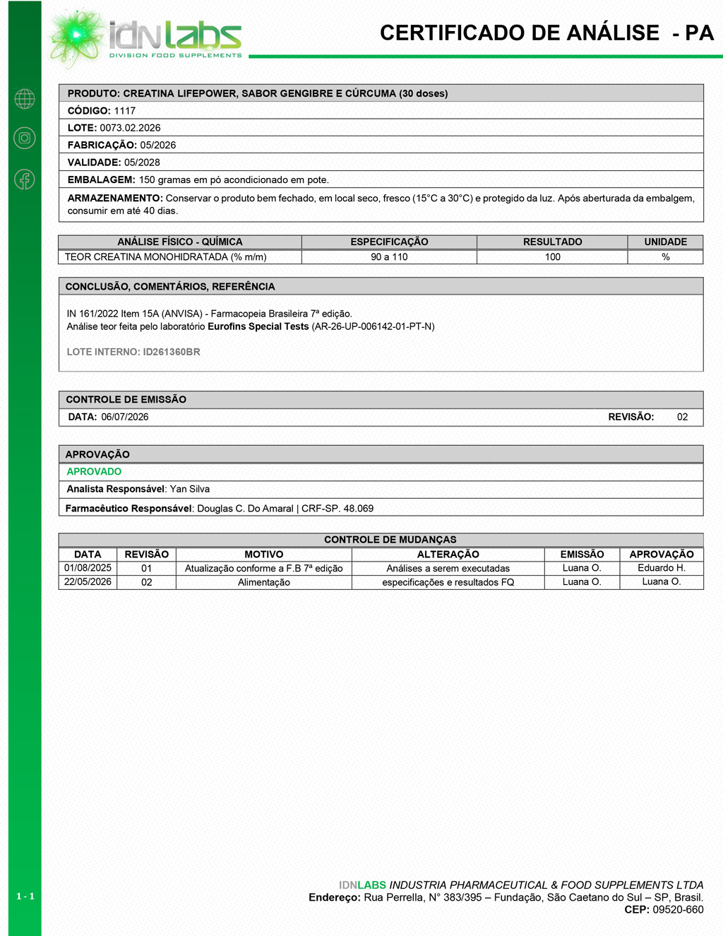 Certificado oficial de An&aacute;lise e Laudo de Pureza da Creatina Lifepower dōTERRA