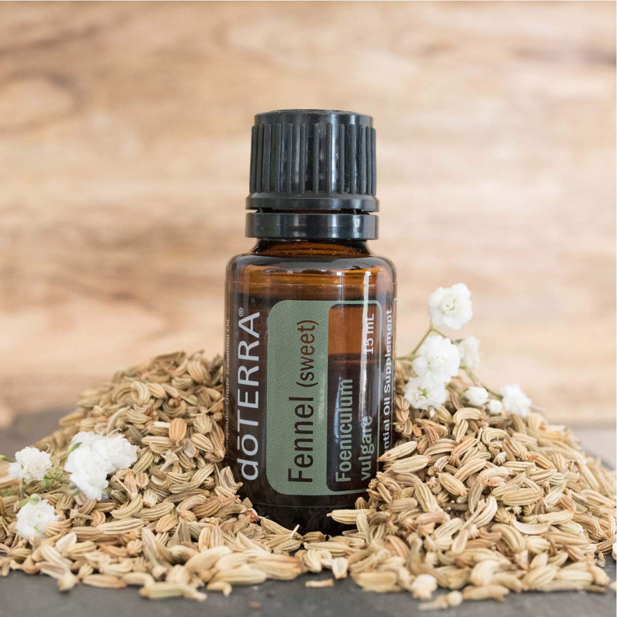 Bottle of Fennel essential oil surrounded by fennel seeds. What does Fennel oil smell like? Fennel oil has a sweet aroma and taste that is often compared to that of licorice.