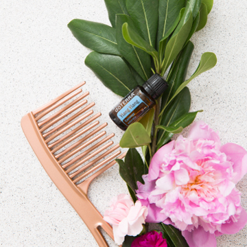 Flor rosa, cepillo para el cabello, hojas verdes, botella de aceite doTERRA Ylang Ylang. El aceite esencial de Ylang Ylang se puede usar para la piel, el cabello, los beneficios antioxidantes y para crear un aroma calmante para las emociones.