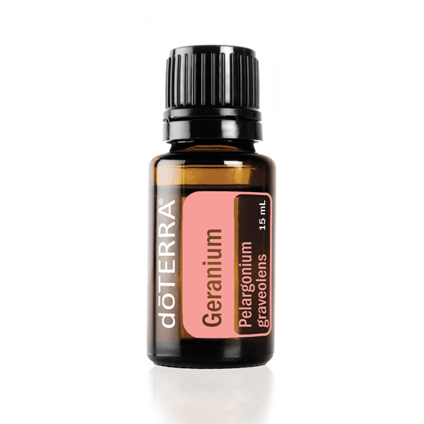 Botella de aceite esencial de Geranio doTERRA. ¿Cómo uso el aceite de Geranio? El aceite de Geranio se puede usar para embellecer la piel, hidratar el cabello, repeler insectos y proporcionar beneficios internos al cuerpo.