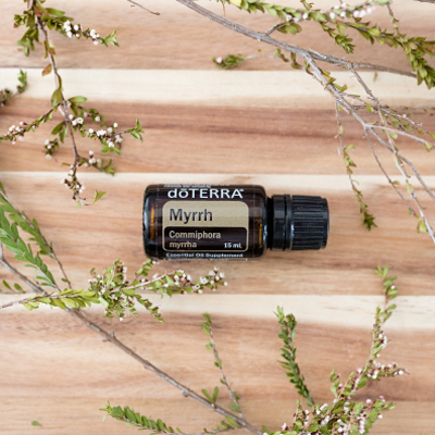 Single bottle of doTERRA Myrrh oil with leaves and foliage. doTERRA Myrrh essential oil has many uses and benefits, including benefits for skin, emotions, oral hygiene, and the immune system.