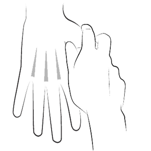 A hand gently pulling the thumb of another hand