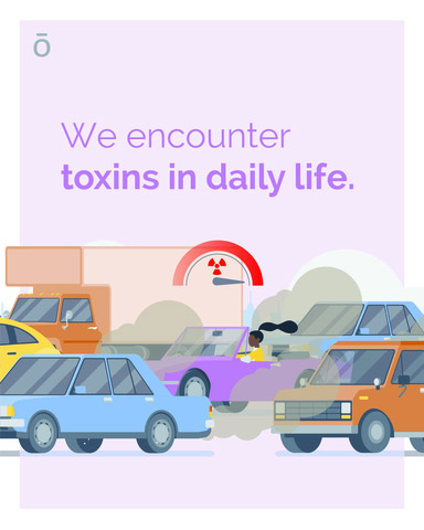 A flat design graphic showing many cars in gridlock, with fumes coming out of their tail pipes. The caption reads 'We encounter toxins in daily life.