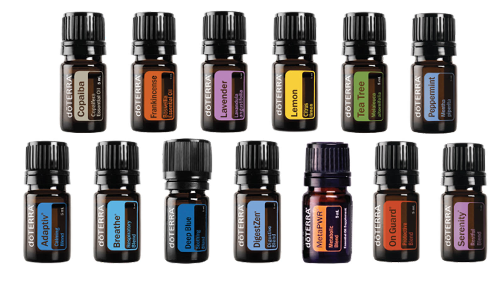 Several doTerra essential oils displayed on a white background.