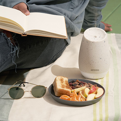 Someone laying on a blanket reading a book. Beside them sits sunglasses, a plate full of fruit, nuts and a sandwich. Next to the plate is the doTERRA Roam Diffuser.