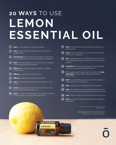 A graphic featuring doTERRA Lemon essential oil, with a lemon lying beside it, and a list of 20 ways to use Lemon essential oil.