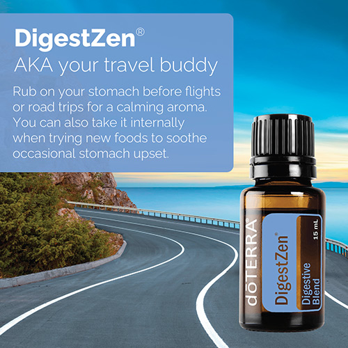 doTERRA DigestZen essential oil bottle is placed over a picture of a winding road, overlooking a large body of water. A text body with a description is in the left corner.