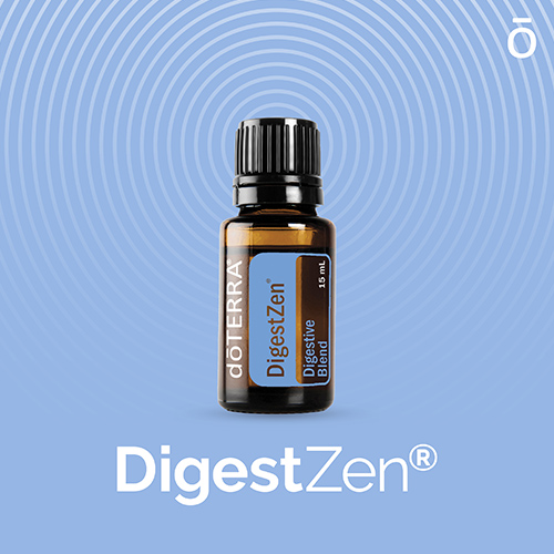 doTERRA DigestZen essential oil blend bottle encompassed by a blue background.