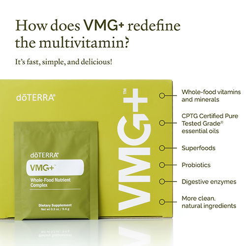 Photo of doTERRA VMG+ multivitamin bottle with overlay text: How does VMG+ redefine the multivitamin? Fast, simple, and delicious!