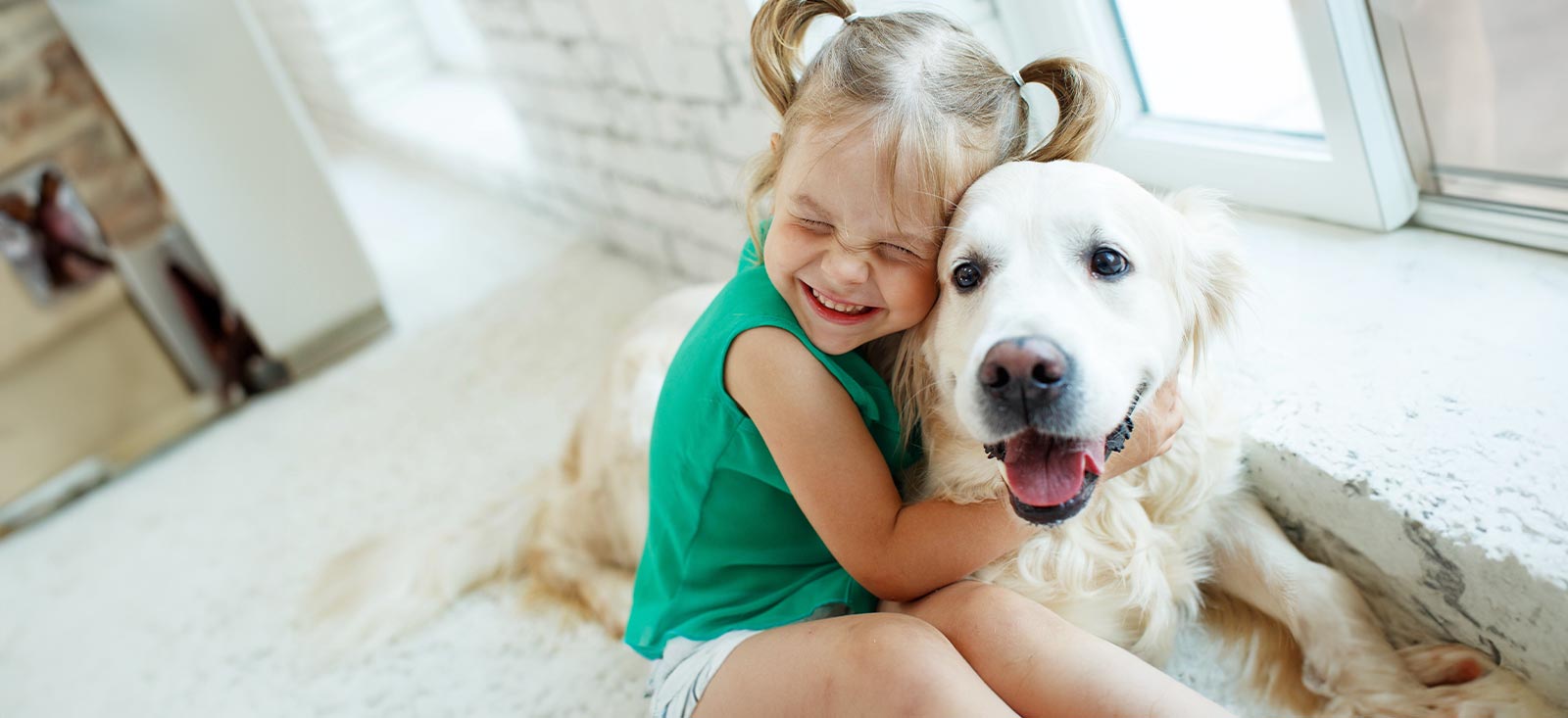 Little girl holding a dog