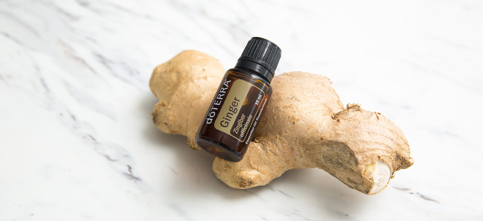 A bottle of ginger essential oil on top of a piece of ginger.