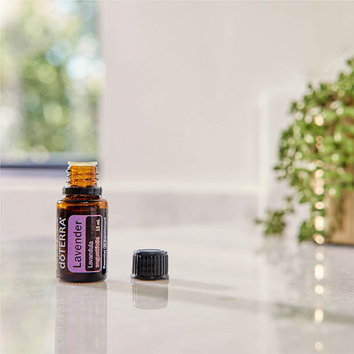 A bottle of doTERRA Lavender essential oil on a conter top