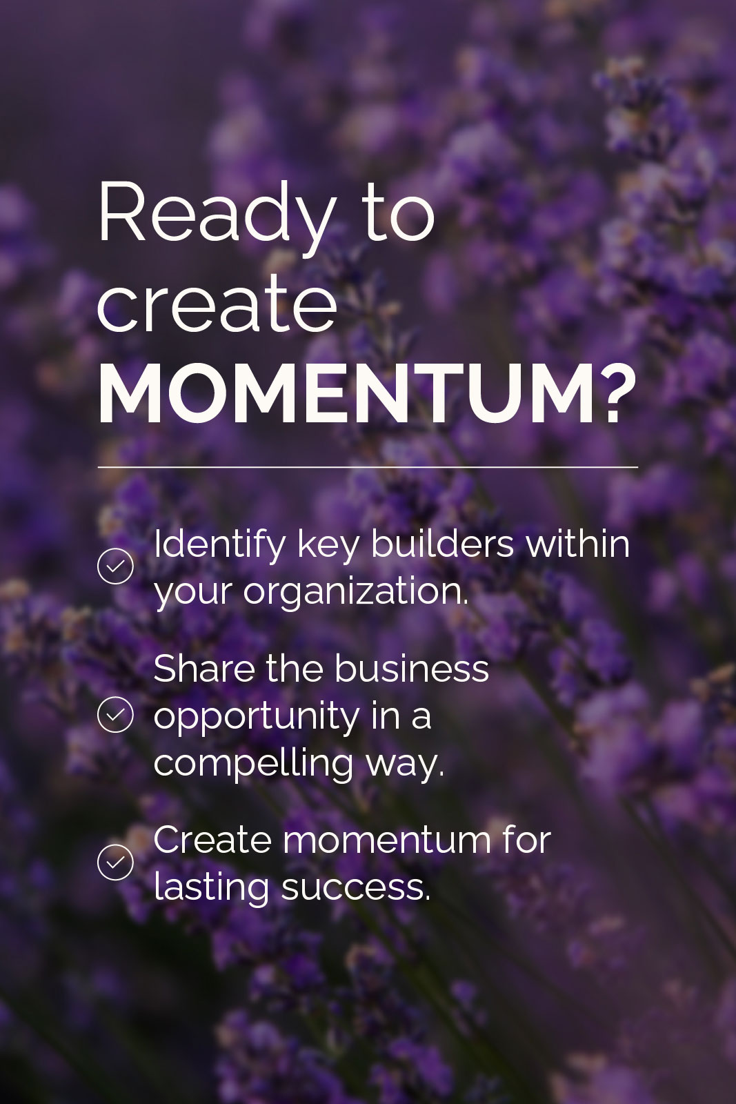 Ready to Create Momentum? Identify key builders within your organization. Share the business opportunity in a compelling way. Create Momentum for lasting success.