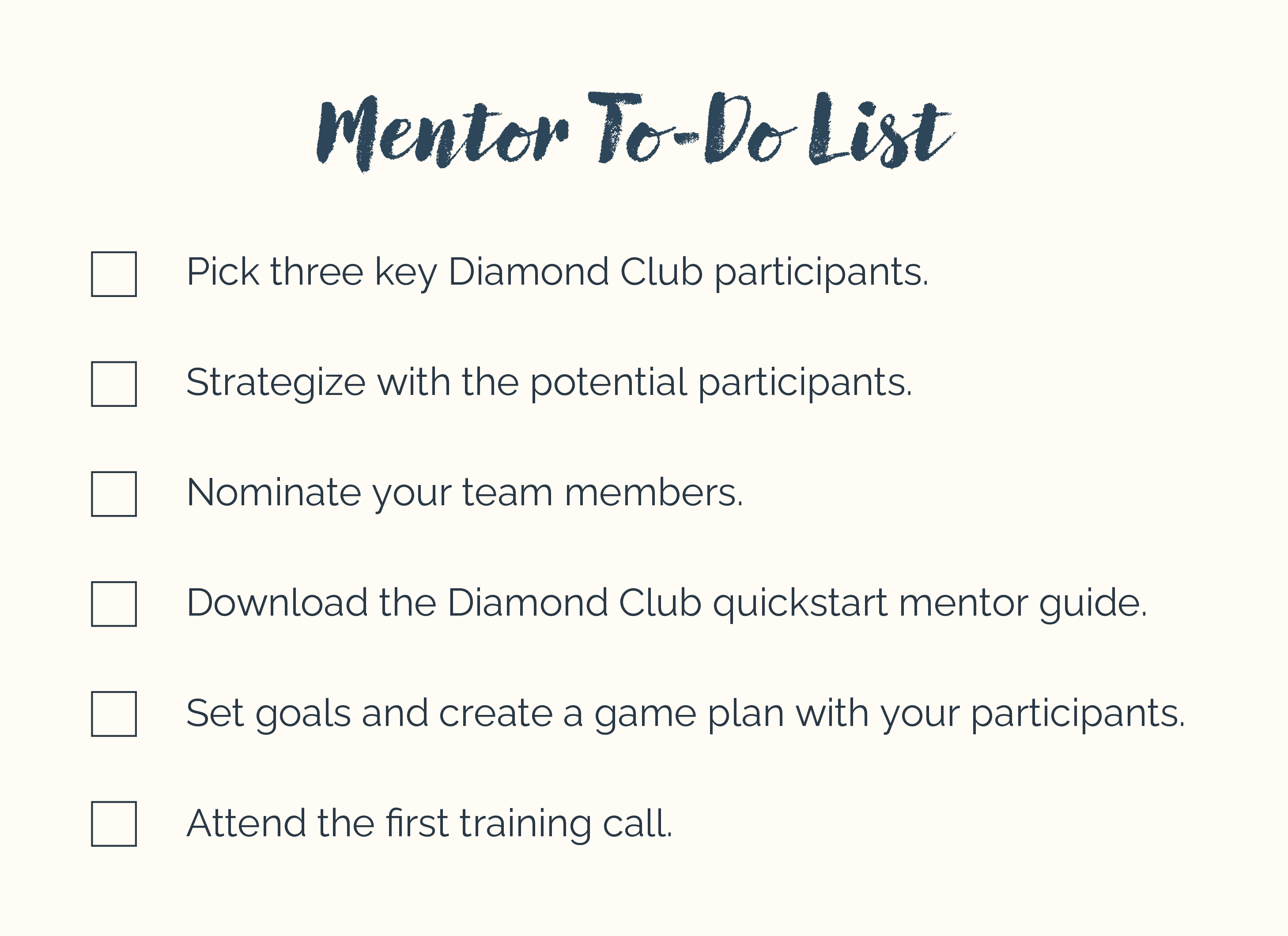 Diamond Club Mentor to-do list