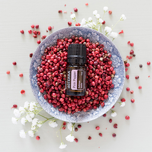 Pink Pepper Essential Oil bottle on a plate