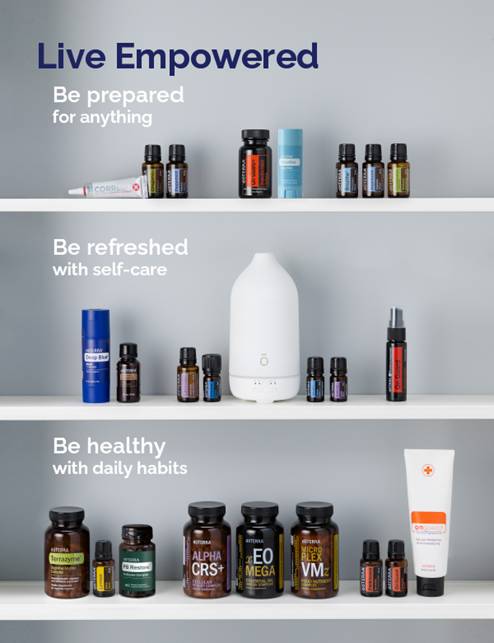 A collection of wellness products on shelves featuring essential oils, a diffuser, supplements, and personal care items with motivational slogans.