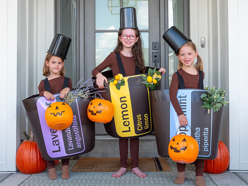 Children in Halloween costumes designed to look like doTERRA essential oil bottles