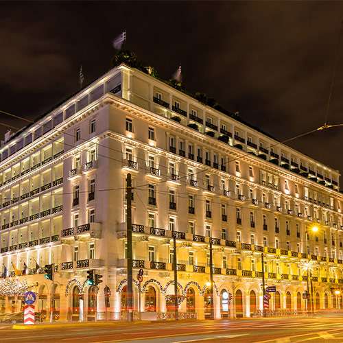 Hotel Grande Bretagne is lit up at night