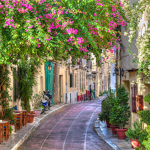 A flower-filled street in greece