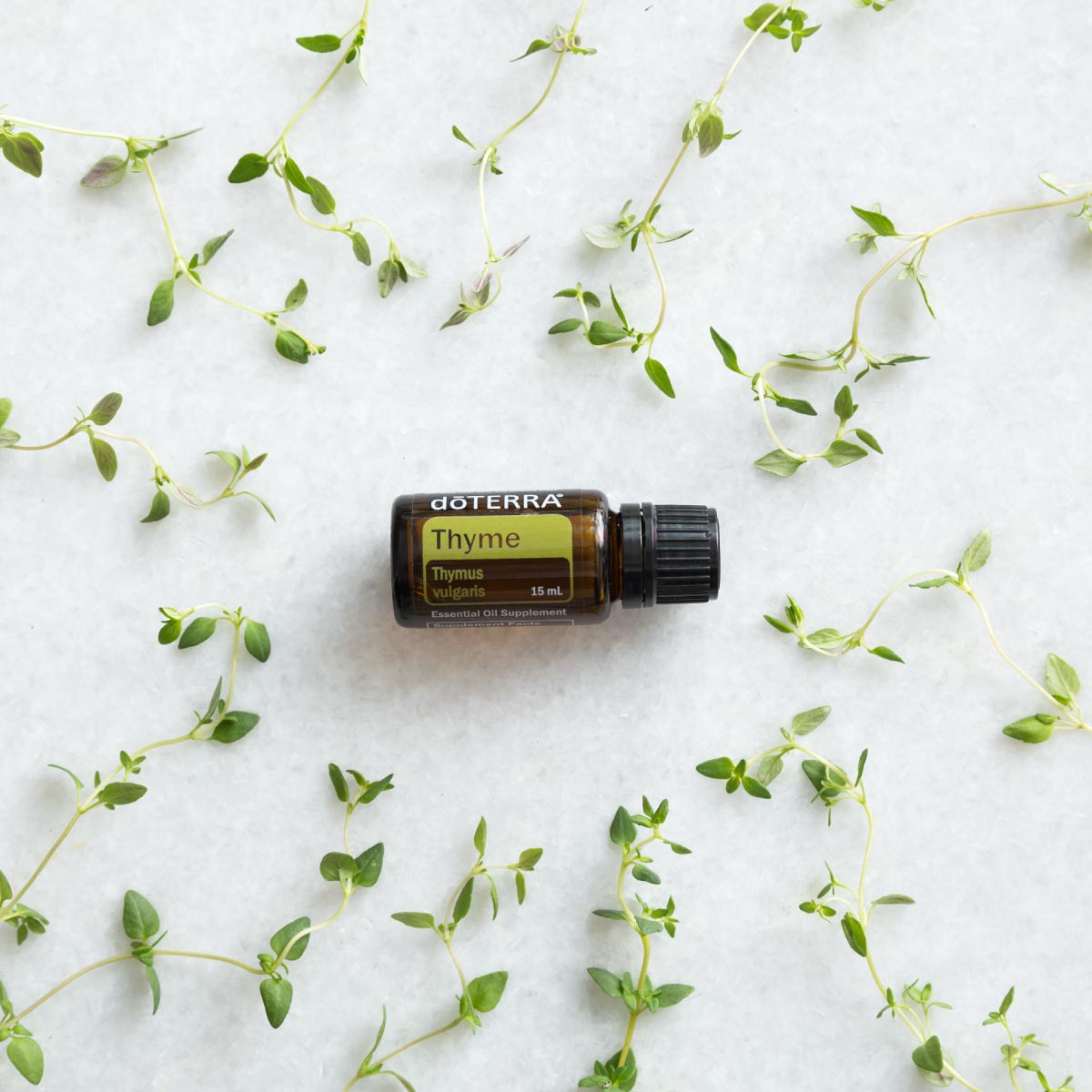 Bottle of doTERRA Thyme oil surrounded by green leaves. What is Thyme oil good for? Thyme essential oil can be used to support a healthy immune system, provide the body with antioxidants, and add flavoring to food when cooking.